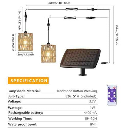 Outdoor Solar Chandelier Indoor Gazebo Lights Waterproof Pendant Hanging Light for Pergola Porch Patio Decor Boho Rattan Lampshade Farmhouse Shed USB Powered Accessories Dimmable Remote