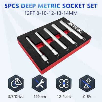 ZKTOOL 5PC Deep Metrichex Socket Set, 3/8-Inch Drive Deep Metric Socket Set 8-10-12-13-14MM - Extra Long Deep 120MM