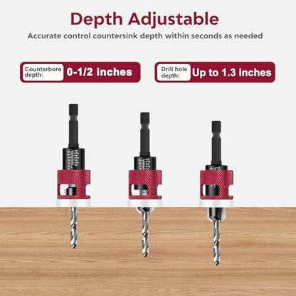 Countersink Drill Bit Set - 5 Pcs Countersink Drill Bit with Low Friction Depth Stop, Replaceable HSS M2 Tapered Bits, Carbide Drill Bits 1/4¡± Hex Shank for Woodworking Tools & Hand Tools
