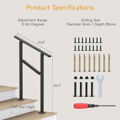 Hand Rails for Outdoor Steps, 2-5 Steps Wrought Iron Handrails for Outdoor Steps, Stair Railing for Porch, Home, Garden, Indoor, Staircase Handrails for Wooden, Cement, Brick, Marble (2 Steps)