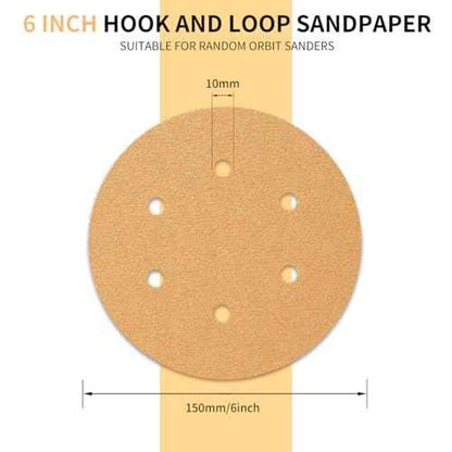 50 PCS 6 Inch 6 Hole Sanding Discs, Hook and Loop 80 120 220 320 400 Assorted Grits Sandpaper Disc for Random Orbital Sander