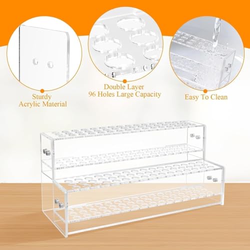 96-Slots Acrylic Pen Holder,2-Tier Pen Display Stand for Craft Shows,12mm Beadable Pens Stand Paint Brush Holder Pencil Organizer Makeup Brush Rack Art Brush Organizer for Office Desk School Supplies
