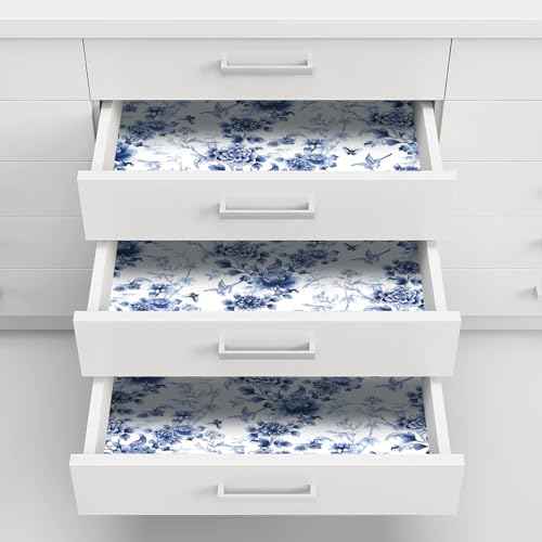 RUSPEPA Peel and Stick Wallpaper - Blue Flower White Design Self Adhesive Removable Wallpaper Decorative Waterproof Contact Paper for Cabinets, Walls - 17.3 Inch x 6.5 Feet