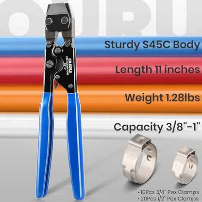 Pex Crimping Tool Crimper with Stainless Steel Pex Clamps(20pcs 1/2",10pcs 3/4") Ratchet Pex Clamp Crimp Cinch Tool from 3/8" to 1"