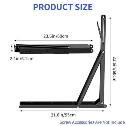 LSK 24 Inch Folding Shelf Brackets, Heavy Duty Collapsible Shelf Bracket Max Load 550LBS, Wall Mounted L Table Brackets for Garage Bench Table, Space Saving DIY Black Folding Bracket, Pack of 2
