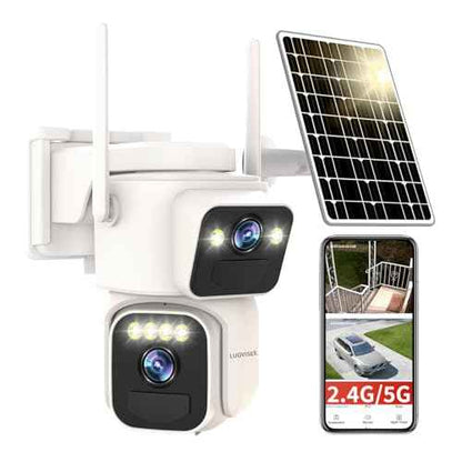 Solar Security Cameras Outdoor Wireless,2.4G/5G WiFi Cameras for Home Security, Dual Lens PTZ Motion Zone,2-Way Audio,Night Vision,Weatherproof,SD/Cloud Storage