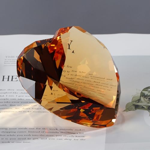 Amber Crystal Diamonds Paper Weights, Heart Shape Real Crystal Diamond Glass Gems Paperweight for Decoration 80mm, Big Diamonds Home Office Decor Valentine's Day Gift Wedding Favors with Gift Box