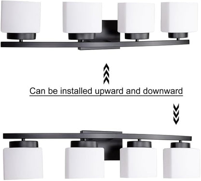 4-Light Matte Black Vanity Light Fixture with White Glass Shade for Bathroom Over Mirror, 31.5 Inches