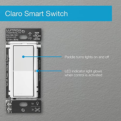 Lutron Claro Smart Light Switch for Caseta Lighting, for LED Lights, Fans, 5 Amp, Single-Pole/3-Way, Neutral Required, DVRF-5NSS-WH-2, White, 2 Pack