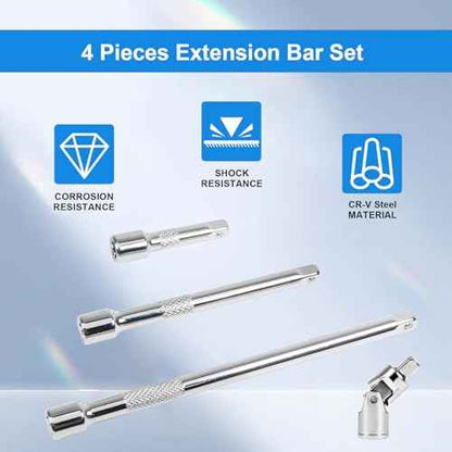 3/8 Inch Drive Extension Bar Set, Socket Extension Set Include 3, 6, and 10 Inch Extensions and 3/8 Inch Drive Universal Joint Sockets, 4 Piece Set