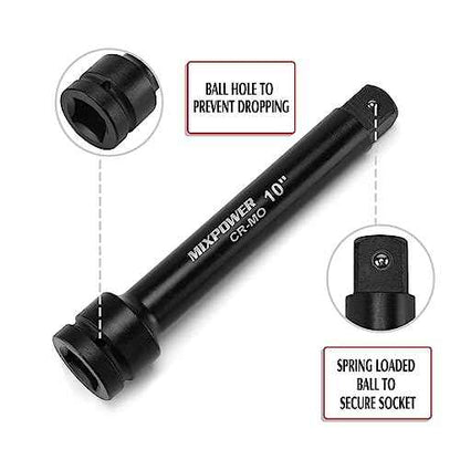 MIXPOWER 1" Drive by 6", 10" Impact Socket Extension Bar, Chrome Molybdenum Steel, 6", 10" ext. bar.