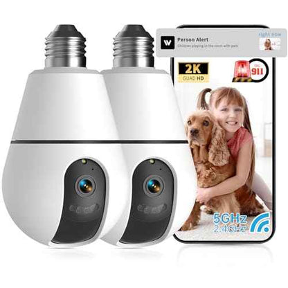 Light Bulb Security Camera,2.4G/5GHz WiFi 2K Security Cameras Wireless Outdoor Indoor,Bulb Cameras for Home Security,AI Smart Detection,911Emergency,US Based Cloud,2 Way Talk,Color Night Vision 2Pack