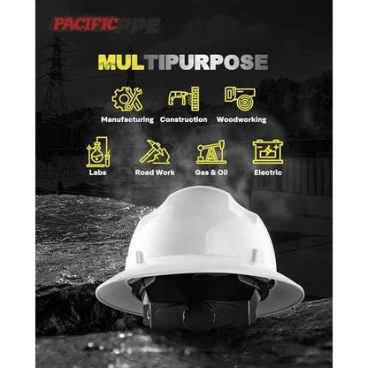 PACIFIC PPE Full Brim Hard Hat, OSHA Construction Safety Helmet Certified to ANSI Z89, 4 Point Adjustable Ratchet Suspension, Class E, G & C, White