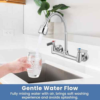 Airuida Chrome Polish Wall Mount Kitchen Sink Faucet 8 Inch Center Unility Faucet Wall Mounted Double Lever Handles Commercial Faucet with 360 Degree Rotation Sprayer Brass Valve Body Mixer Tap