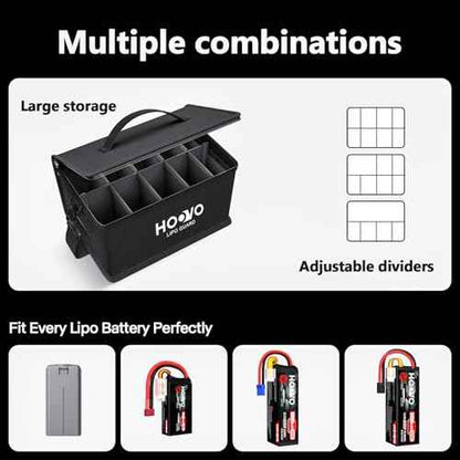 HOOVO Lipo Bag, Fireproof and Explosionproof LiPo Battery Bags - Large Capacity LiPo Guard Safe Pouch Adjustable for 10 - Cell LiPo Storage & Charge (10.6"x 6.7" x 6.7")
