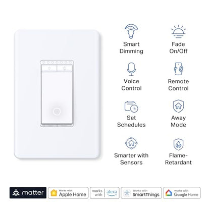 TP-Link Tapo Matter Smart Light Switch: Voice Control w/Siri, Alexa & Google Home | UL Certified | Timer & Schedule | Easy Guided Install | Neutral Wire Required | Single Pole | Tapo S505(2-Pack)