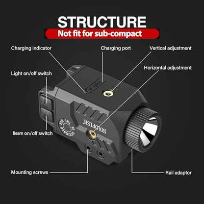 Solofish 800lm Pistol Light Laser Combo with Adjustable Rail, Shockproof Green Laser Sight and Gun Light with Strobe Function, Rechargeable