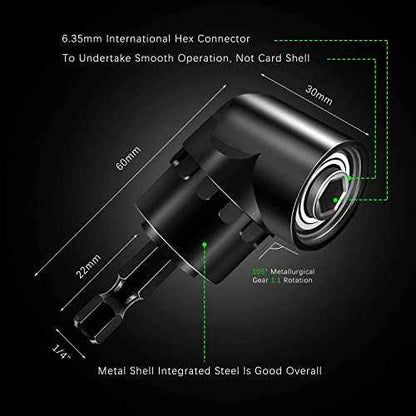HOOOWOOO 105 Degree Right Steel Angle Driver Angle Extension Power Screwdriver drill with 1/4 Drive Hex Bit Quick Magnetic Drill Bit Angled bit Power Drill Tool,Multifunction Right Angle Drill