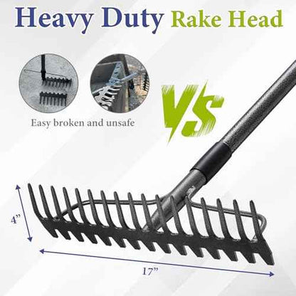 Adjustable Bow Rake Heavy Duty, Dual-Sided Steel Garden Rake Tool for Gathering Leaves, Pine Straw, Thatching, Breaking Up Soil, Leveling Gravel
