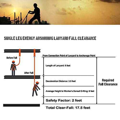 Single Leg 6-Foot Fall Protection Internal Shock Absorbing Stretchable Safety Lanyard with Snap & Rebar Hook Connectors CSA£¦ANSI Compliant