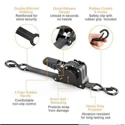 Retractable Ratchet Straps, 1 inch ¡¿ 13 Feet Heavy Duty Auto Self Retractable Ratcheting Tie Down Straps 1500lbs Break Strength, Automatic Ratchet Strap for Truck Bed Cargo Trailer, 4 Pack