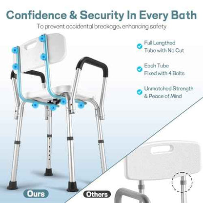 Shower Chair for Elderly and Disabled with Padded Armrests and Back, Adjustable Height Shower Seat, Easy to Assemble Heavy Duty Shower Chairs for Inside Shower, Handicap
