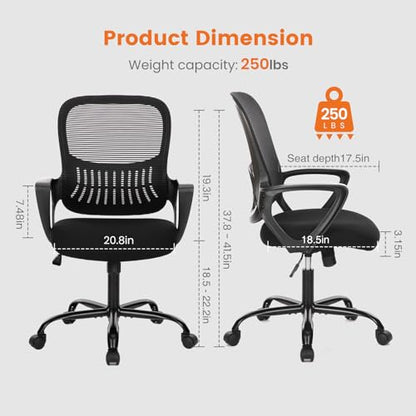 Sweetcrispy Ergonomic Mid-Back Mesh Home Office Desk Chair with Wheels, Lumbar Support, and Comfortable Armrests for Home, Bedroom, Study, Office