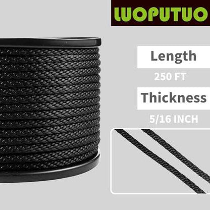 5/16 Inch 250FT Black Polyester Solid Braid Rope | High UV & Abrasion Resistance | Industrial Grade, Low Stretch | Multipurpose for Flag Poles, Clotheslines