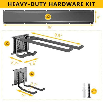 Garage Tool Organizer Wall Mount, 32inch Heavy-Duty Garage Storage System and Garden Tool Organizer with 4 Adjustable Hooks for Shovel, Snowboard, Yard Tools and Shed