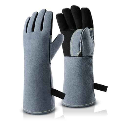 OZERO 932¡ÆF Heat Resistant Welding Gloves 16 inches Cowhide Leather - Long Sleeve and Insulated Lining BBQ Glove for Tig Welder/Mig/Grill/Barbecue/Stove Black-gray