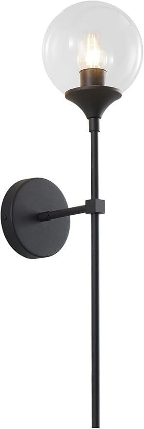 KCO Lighting Mid Century Black Wall Mounted Sconce Round Clear Glass Globe Wall Lamp Minimalist Slim Wall Sconce Light for Hallway Stairs Bathroom Mirror