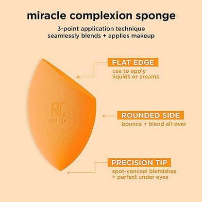 Real Techniques Miracle Complexion Sponge, Makeup Blending Sponge, For Liquid & Cream Foundation, Offers Light To Medium Coverage, Natural, Dewy Makeup, Orange Sponge, Latex-Free Foam, 1 Count