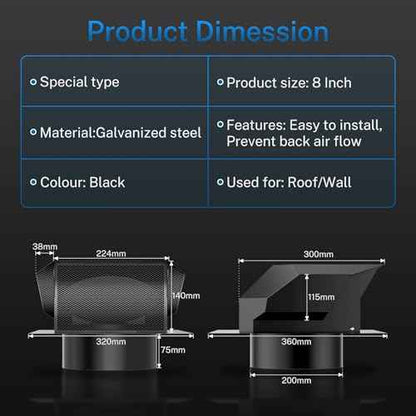[Upgrade Airflow] Hon&Guan Removable Roof Vent Cover, 8 Inch Roof Vents for Houses, 8'' Exhaust Vent Wall Vent for Ventilation System-with Damper and Two New Small Vents,Galvanized Steel