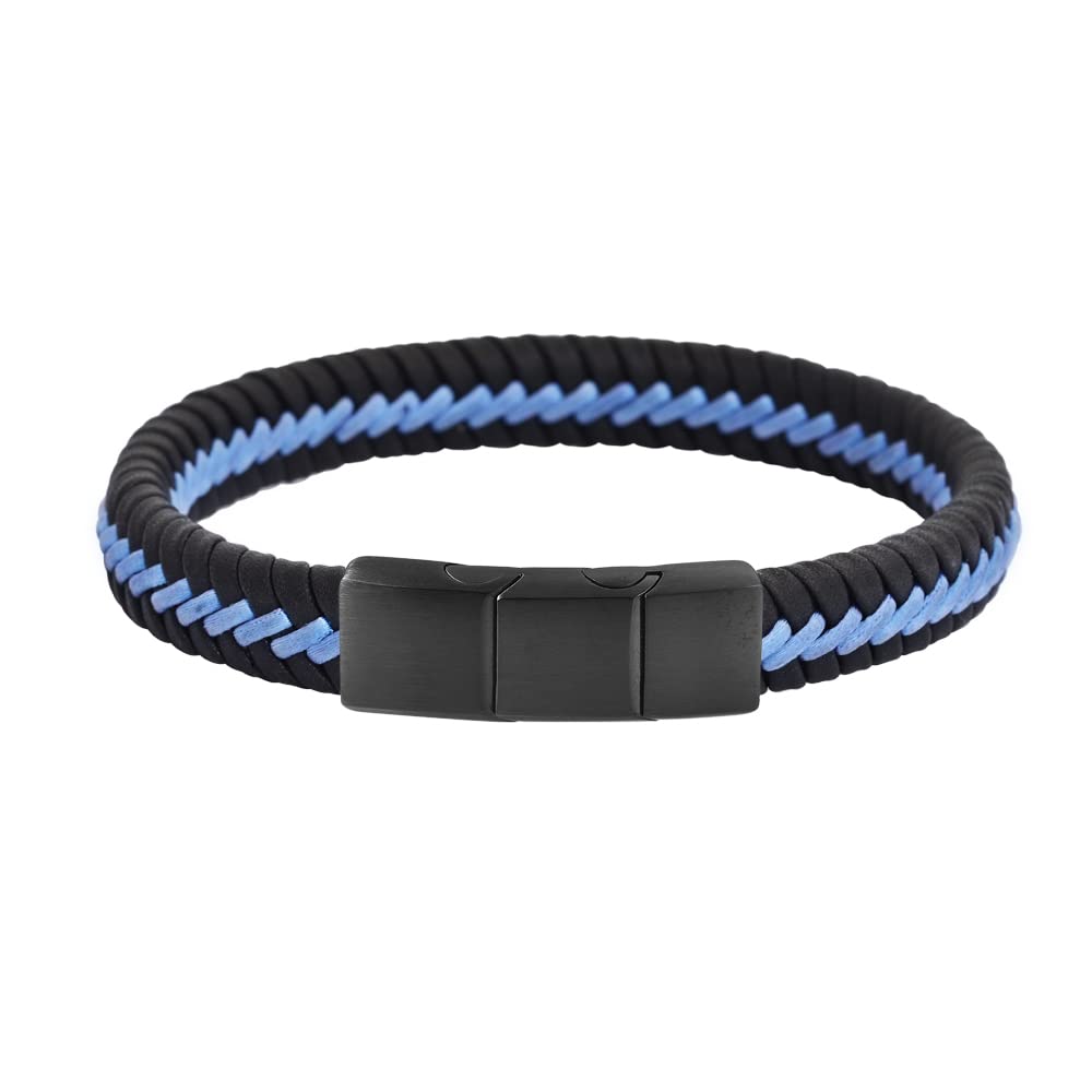 Magna Steel Men's Braided Genuine Leather Cord Bracelet, Blue