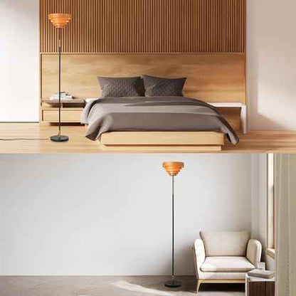 O'Bright Cascade Floor Lamp ? Modern Wooden Layered Lampshade, E26 Socket, Pull Chain Switch, Metal Base, Standing Lamp for Living Room, Bedroom, Office, Black