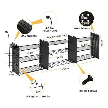 Tool Organizer Wall Mount, 3 Layer Storage Rack, 45 inch long, extra storage space, Heavy Duty Rack for Drill Bit Metal Power Tools, Storage Shelf with Charging Station for Garage Organization