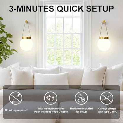 Battery Operated Wall Sconces Set of 2, Gold Wireless Globe Wall Lights with Remote Control Warm/Natural/Daylight/RGB 15 Colors Dimmable Rechargeable Wall Lamps Retro for Bedroom Living Room Hallway