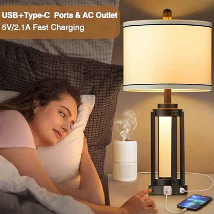 26" Modern Table Lamp with USB A+C Charging Ports & AC Outlet, Industrial Beside Contemporary Lamp Glass LED Night Light for Living Room Bedroom Nightstand End Table Single Black(2 Bulbs Included)