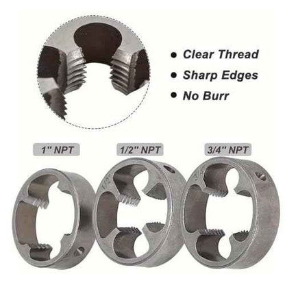 6 Pcs PVC Thread Maker Tool, Pipe Threader Plumbing Tool Kit Plastic Pipe Round Die with 3 Dies 1/2", 3/4" and 1" NPT Die Manual Hand Tool for PVC Threading