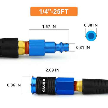 GASHER 1/4" x 25FT Reinforced Polyurethane Recoil Air Hose With Bend Restrictor, 1/4" AMT Universal Air Coupler, For Air Compressor