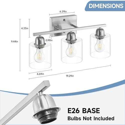 Modern Brushed Nickel 3 Light 19 inch Vanity Lights for Bathroom with Clear Glass, Bathroom Lighting Fixtures Over Mirror for Mirror Kitchen Living Room Hallway Cabinet Porch