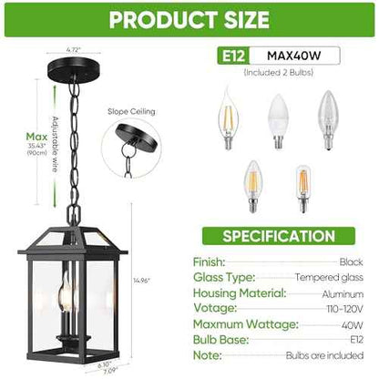 WIHTU Large Outdoor Pendant Light with 2 Bulbs, 14.96" Modern Hanging Lantern Ceiling Mount, Waterproof Outside Chandelier Exterior Hanging Fixture with Tempered Glass for Porch