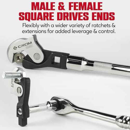 CROM Adjustable Crowfoot Wrench Set - Spring Loaded Wrench ? Male & Female Square Drives Work With Ratchet, Breaker Bar, Extension Bar (3 Piece Set (1/4", 3/8", 1/2"))