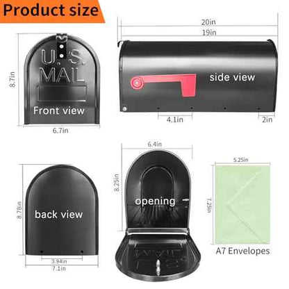 Black Galvanized Steel Post-Mount Mailbox, L19in. W x 6.7 in. H x8.7 in, Large Mailbox,Mailboxes for Outside Post Mount