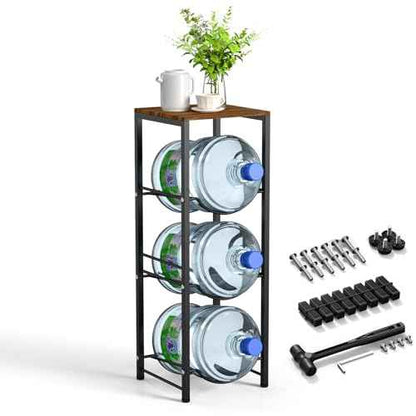 Dirza 5 Gallon Water Bottle Jug Holder with Top Shelf, 3-Tier Heavy Duty Water Storage Rack, Dispenser Stand Organizer for Kitchen Office Brown