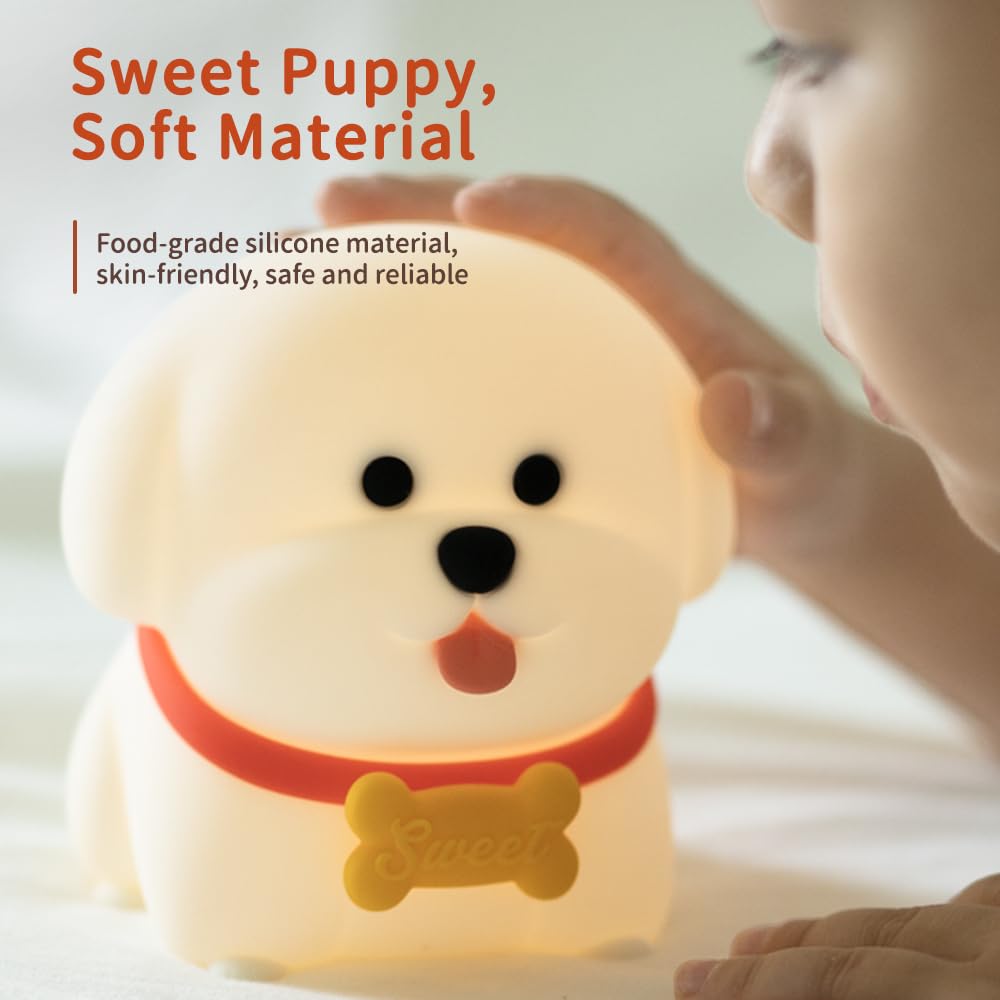 Wonderboy Puppy Night Light, 3000K Warm Light, RGB Color Mode, Adjustable Brightness, 15-Min Auto Off, Silicone, White