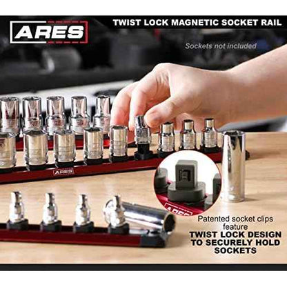 ARES 60169 ? 3/8-Inch Drive 15.5-Inch Red Twist Lock Magnetic Socket Rail - Store up to 12 Metric or SAE Sockets and Keep Your Tool Box Organized ? Magnetic Base for Easy Socket Organization