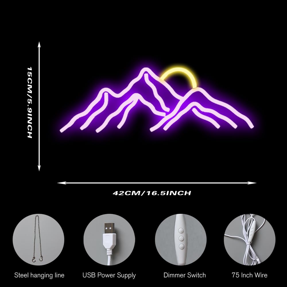 Mountain Sunset Neon Signs for Room Decor LED Neon Light Sign for Bedroom Wall Mountain Decor for Home Party Wedding Christmas Decorations USB Powered(Purple)