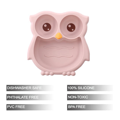 PandaEar Toddler Suction Plates, Stay Put Divided Baby Plates, Owl Shape BPA-Free 100% Food-Grade Silicone Unbreakable Baby Plate, Baby Feeding Supplies (Pink)