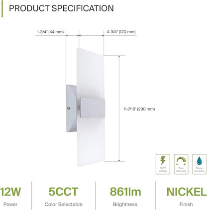 ASD 12 Inch LED Indoor Wall Sconce - Modern Interior 12W 2700K-5000K Adjustable Dimmable Wall Mounted Light Fixtures, Acrylic Glass Wall Lights for Stairway, Hallway - UL, Brushed Nickel, 2 Pack